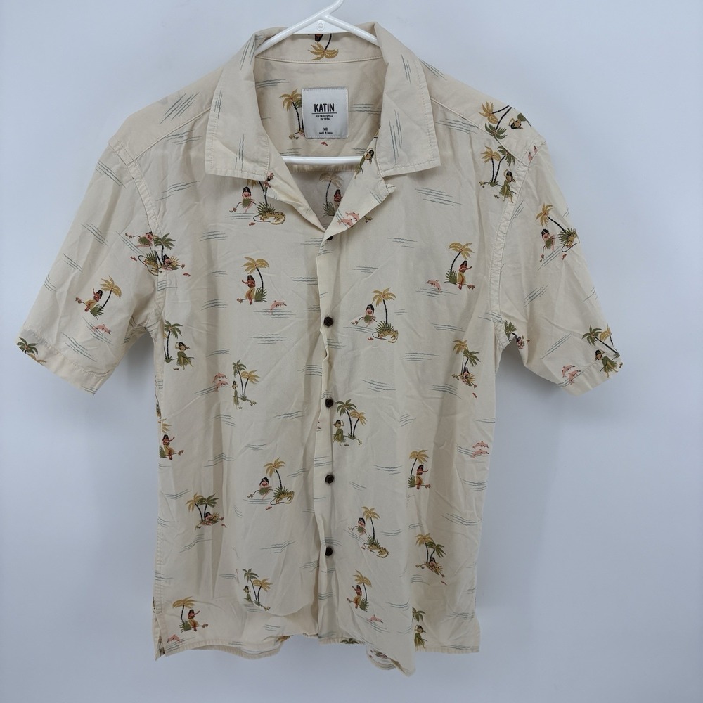 Katin Hula Girl Hawaiian Camp Shirt Mens M Cotton Viscose Aloha Beach Button Up